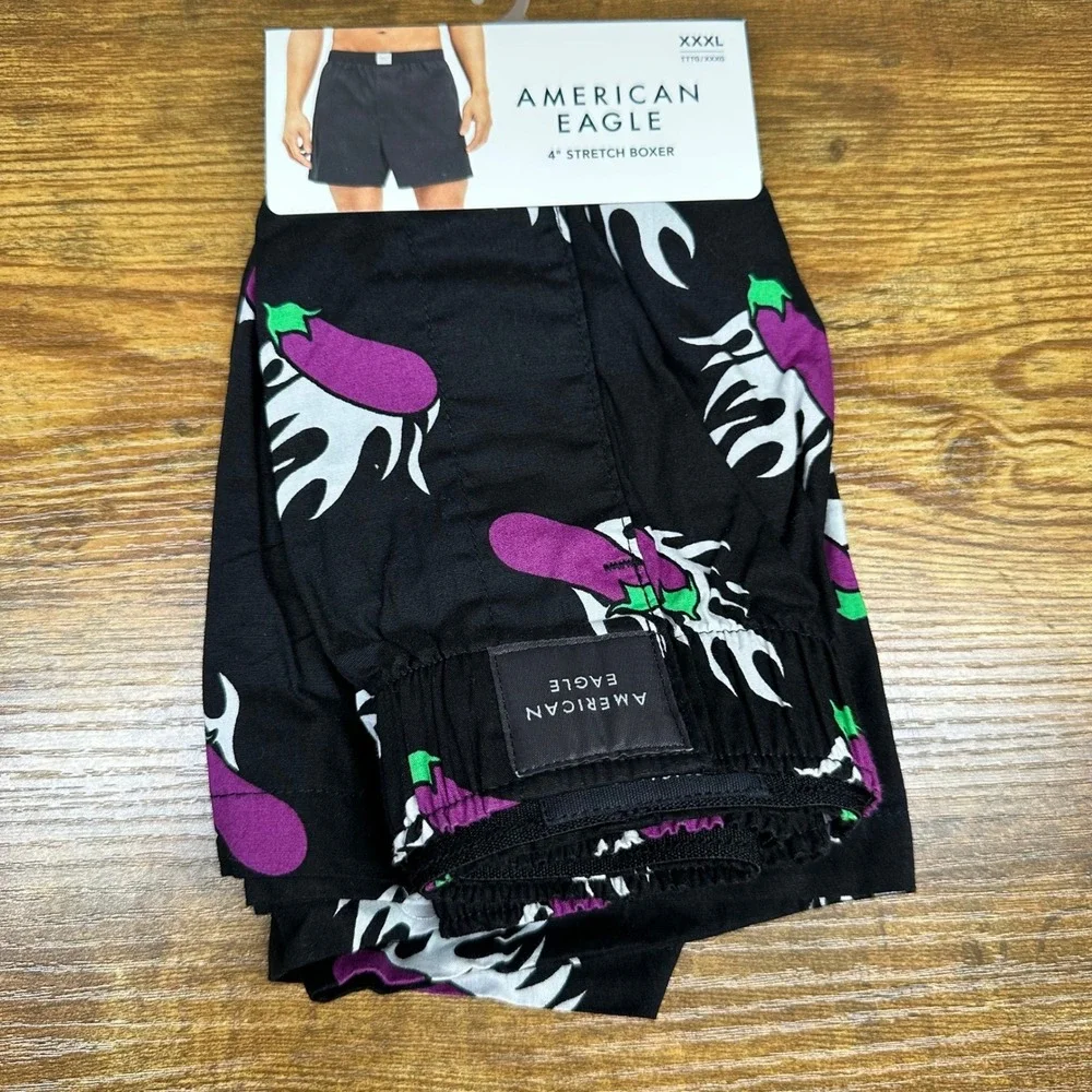 American Eagle Mens XXXL Black Eggplant Flame Print 4 Inch Stretch Boxers NWT